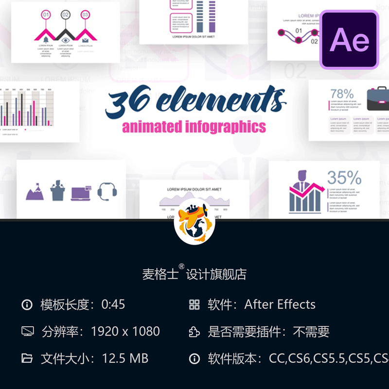 AE模板统计信息图表图形元素企业数据可视化工作流程动画设计