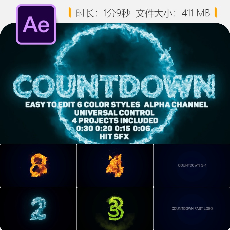 AE模板火焰燃烧数字倒计时动态开场特效4K视频素材AE工程文件