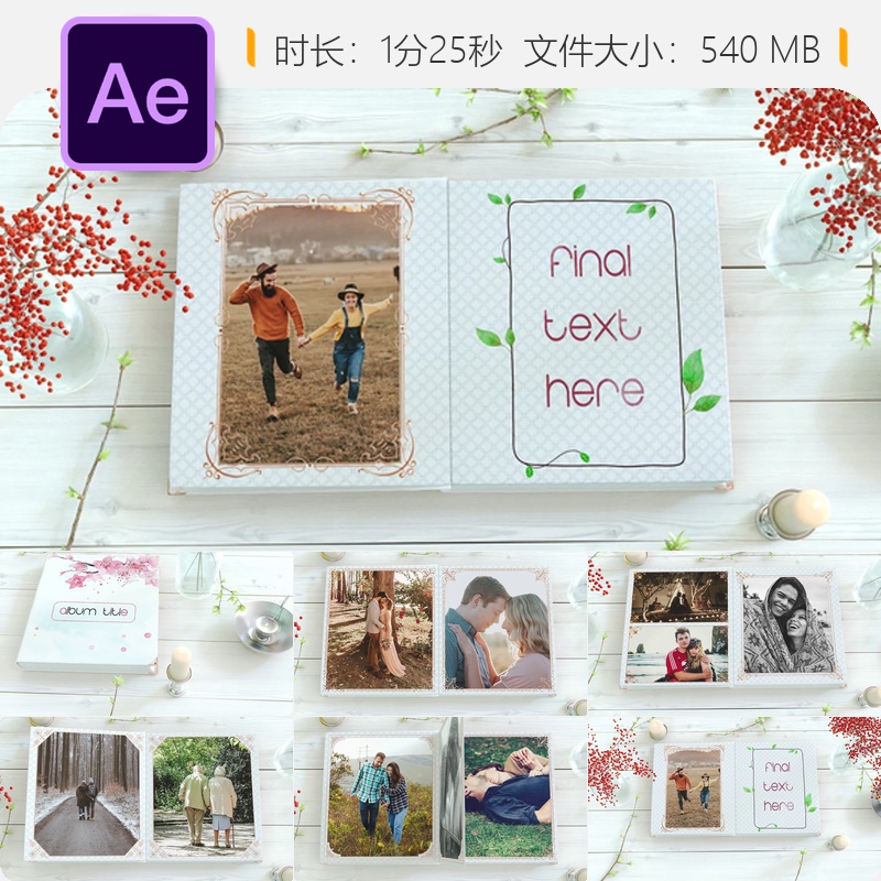 金色浪漫婚礼纪念相册AE模板优雅3D烛光回忆幸福时刻爱情故事