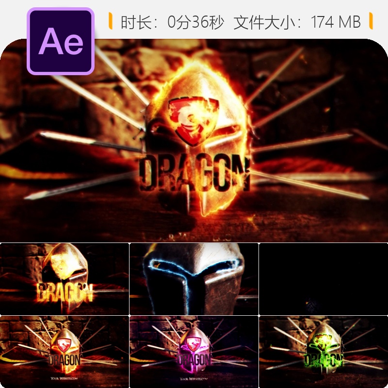 中世纪战场骑士盾牌火焰魔法史诗书籍古卷轴AE模板LOGO片头动画