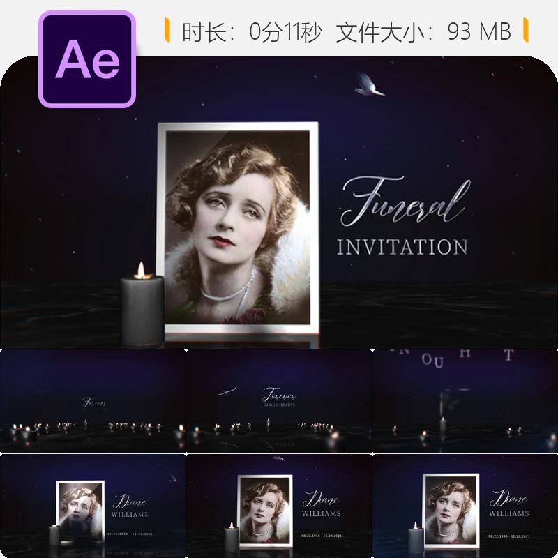 葬礼邀请函AE模板蜡烛旗帜横幅情感追思家庭纪念视频片头设计