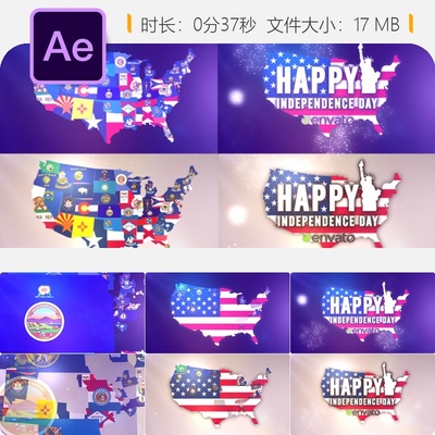 美国各州旗帜LOGO动画AE模板4K企业商务风格联邦军队独立日元素