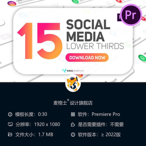 Clean Rounded Social Media Lower Thirds PR模板4K简约优雅风格