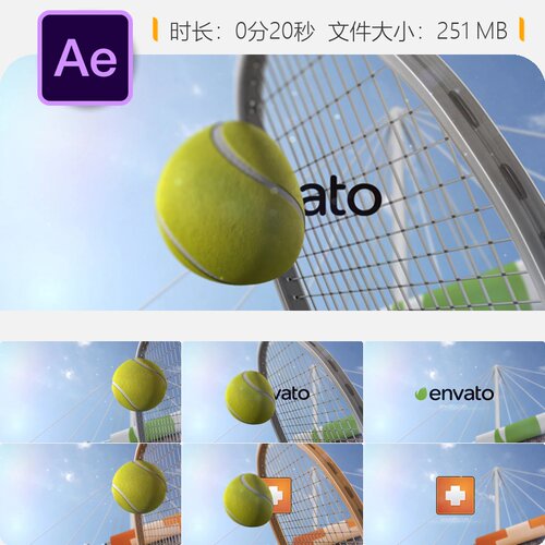 网球慢动作开场AE模板3D体育竞技赛场LOGO动画ATP WTA赛事标志