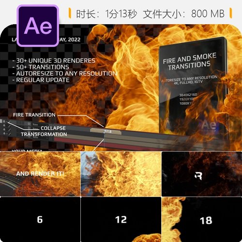 火焰烟雾转场AE模板Embergen特效FumeFX渲染4K高清视频素材包