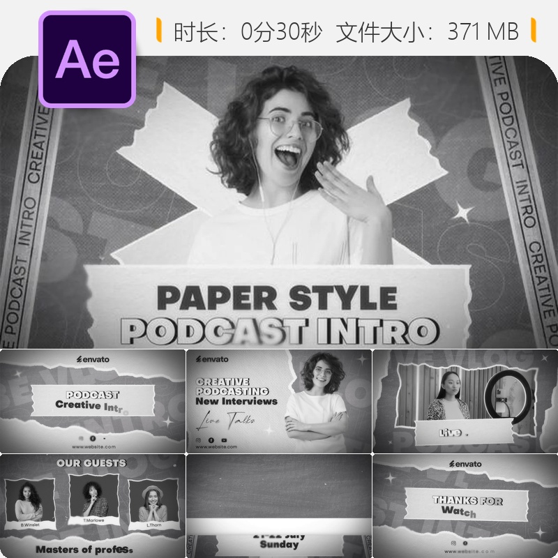 Paper Style Podcast Intro AE模板大胆鲜明品牌广播频道动画