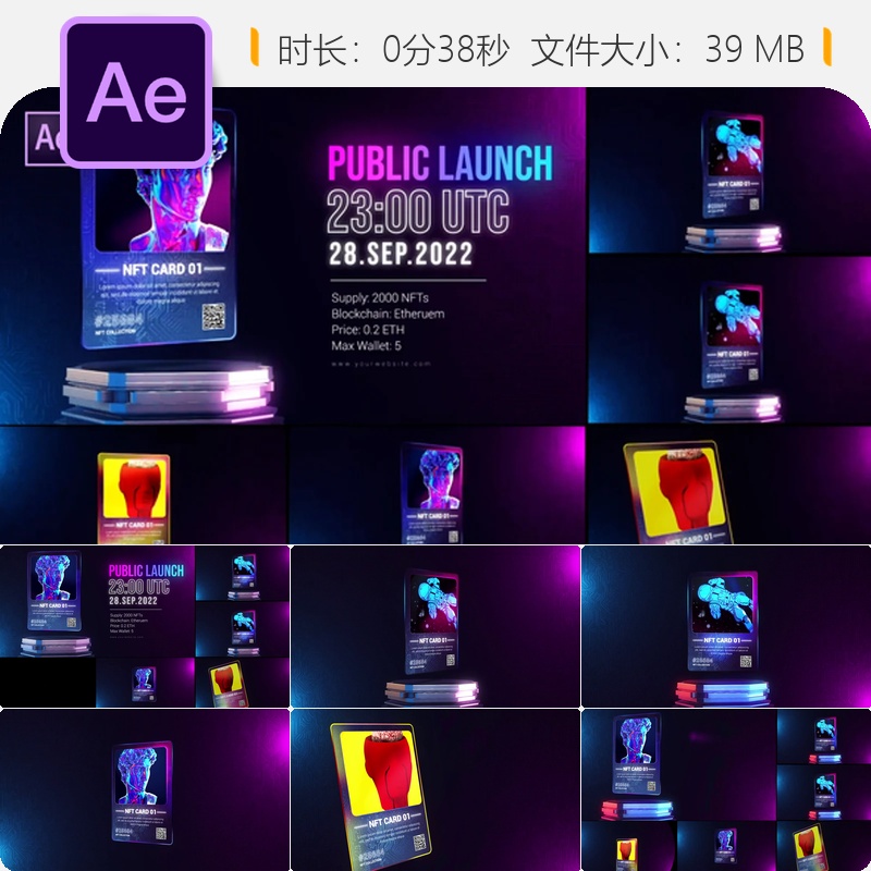 NFT数字藏品卡片AE模板加密艺术3D动态元素包DeFi代币技术风格