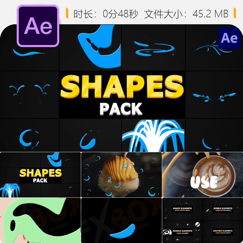 气泡液体动画AE模板手绘卡通流体颗粒元素效果叠加素材包