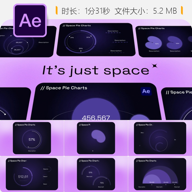 90年代复古AE模板半圆形饼图动画统计信息可视化星空发光背景