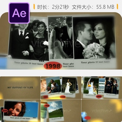 怀旧浪漫婚礼历史相册回忆录AE模板复古胶片风格4K视频展示片