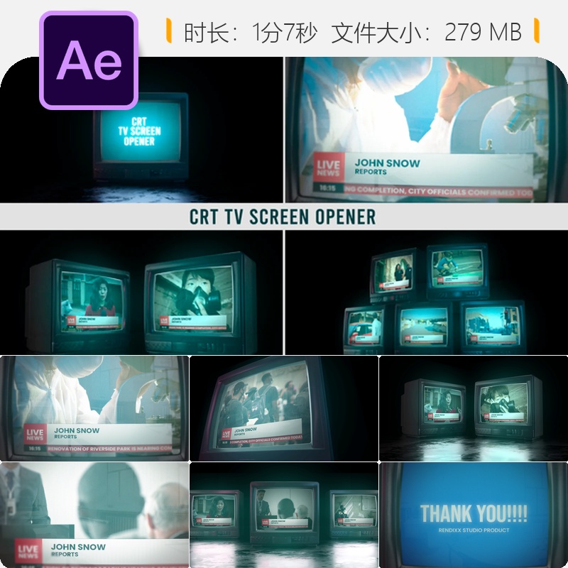 复古CRT电视屏幕开启AE模板80年代怀旧纪录片广播新闻片头动画