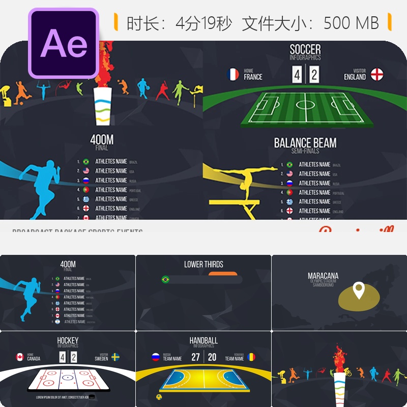 奥运体育赛事转播AE模板篮球足球运动员数据统计4K动态图形合集
