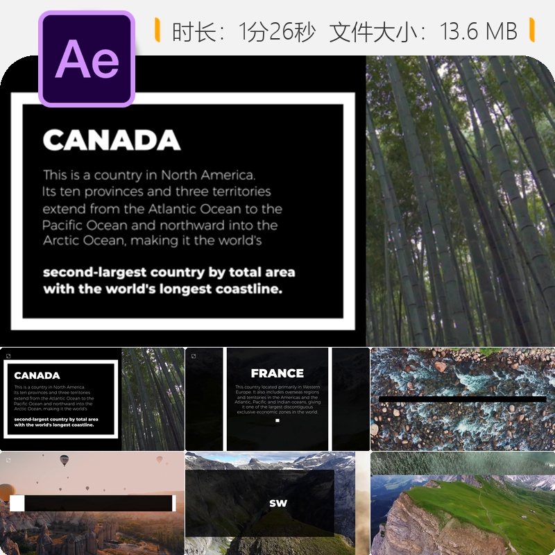 AE模板全屏动画创意设计黑色粗体企业风格4K动态视频效果展示