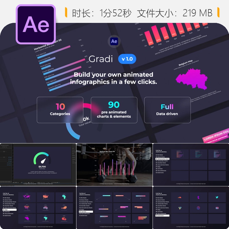 AE模板动态图表企业数据可视化科技感信息图形