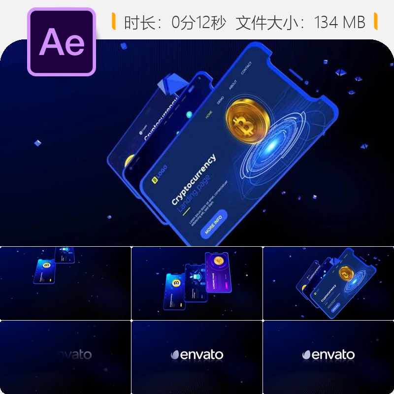 加密货币银行商业区块链3D动画比特币牛市背景现金卡片AE模板