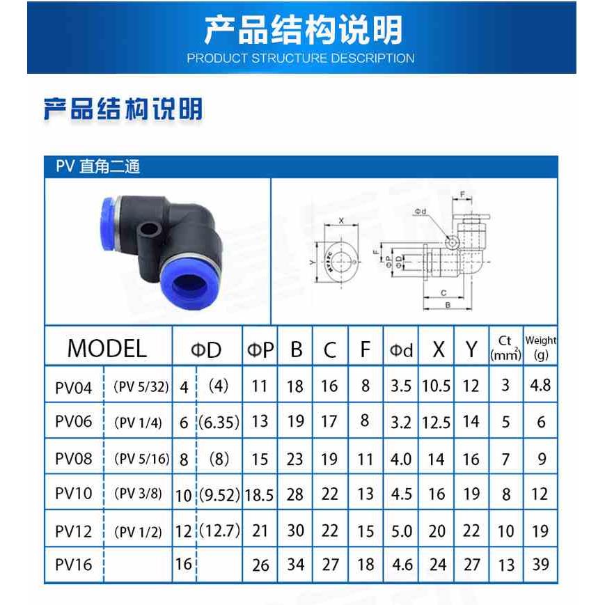 气动气管快速接头快插塑料直角90度弯头对接两通PV4/6/8/10/12/16