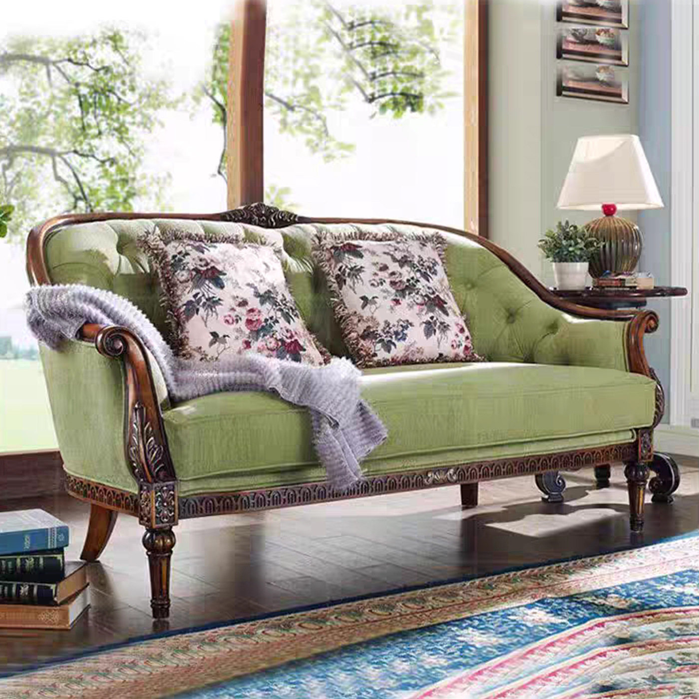 美式乡村复古实木雕花沙发 小户型古典田园风客厅休闲沙发组合