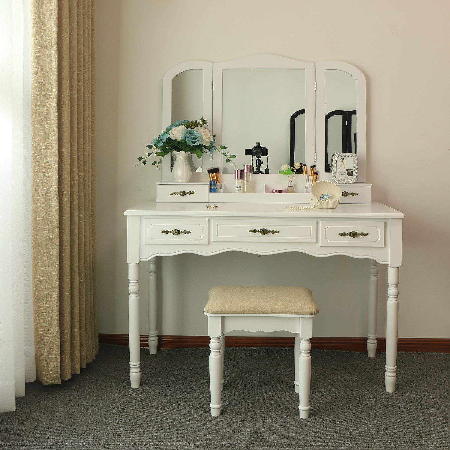 北欧实木腿梳妆台卧室现代简约小型化妆台多镜三抽化妆桌带凳子