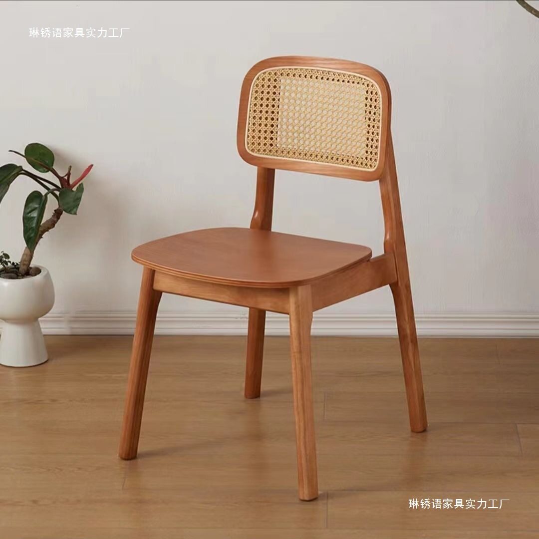 实木北欧餐厅民宿家用餐椅藤椅简约休闲客厅靠背椅现代藤编椅子