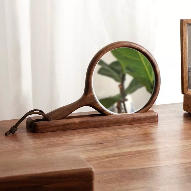 手持木质化妆镜复古黑胡桃实木美妆镜卧室梳妆台桌面木制梳妆镜子