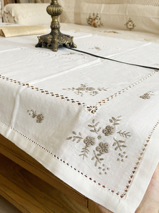 法式乡村白色餐巾茶几布手工抽丝镂空立体灰线绣竹节麻桌布盖巾