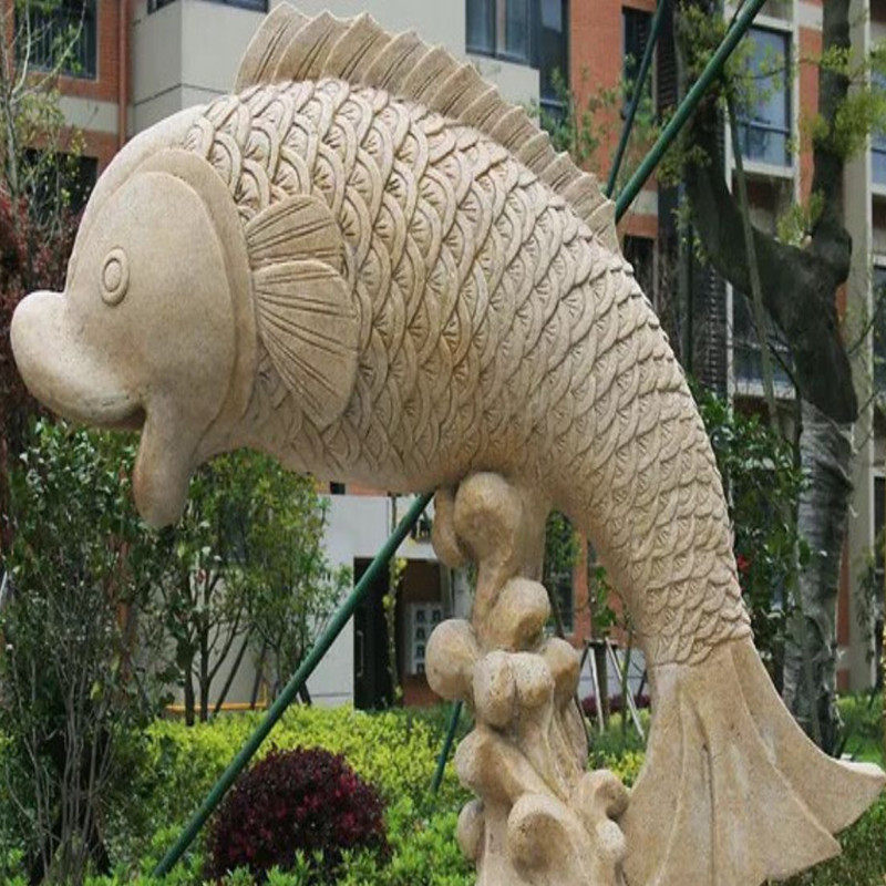 石雕喷水鱼吐水鲤鱼晚霞红石鱼雕塑别墅户外花园造景水池喷泉摆件
