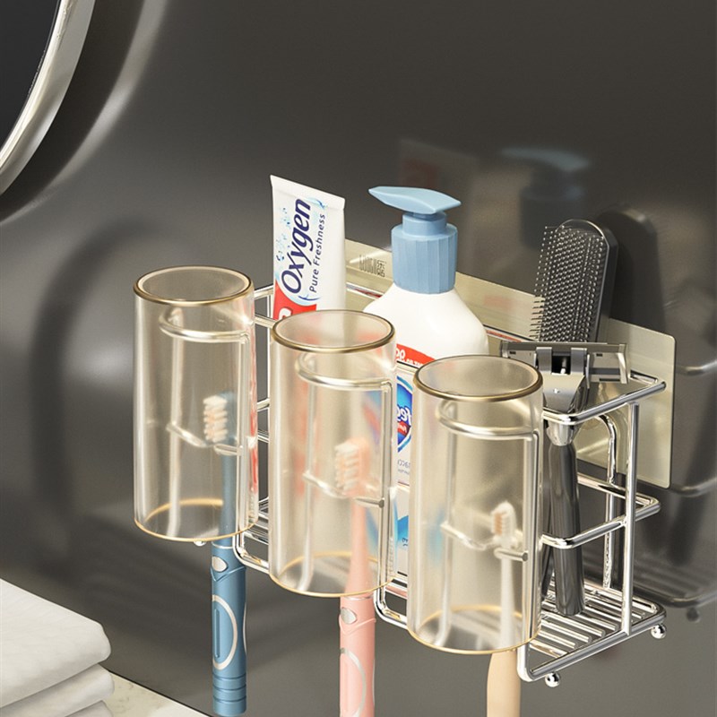 牙刷置物架杯刷牙漱口杯双人一家三口不锈钢简易免打孔壁挂置物架