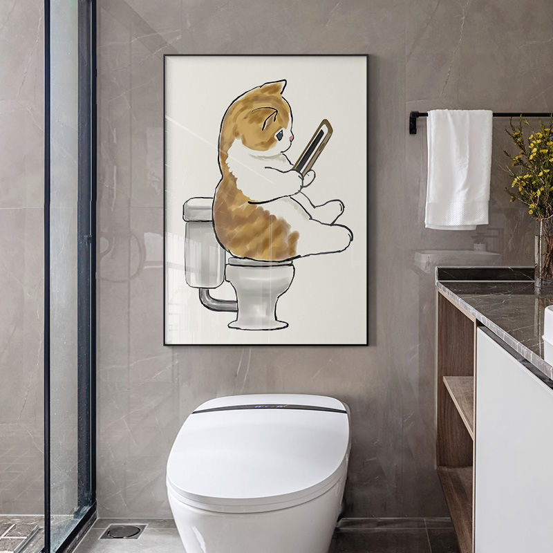 日式手绘猫咪挂画卫生间厕所免打孔壁画餐厅卡通卧室儿童房装饰画图片