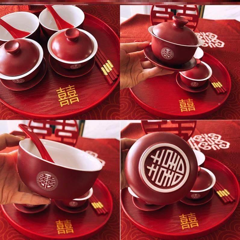 红碗婚结一对喜碗女筷套L8574装敬茶礼方陪嫁娘家婚礼用品盒餐具
