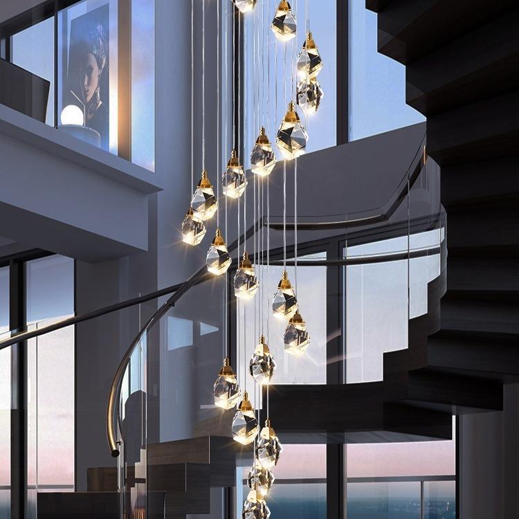 跨境水晶楼梯长吊灯北欧后现代别墅复式楼梯铜吊灯设计师创意灯具