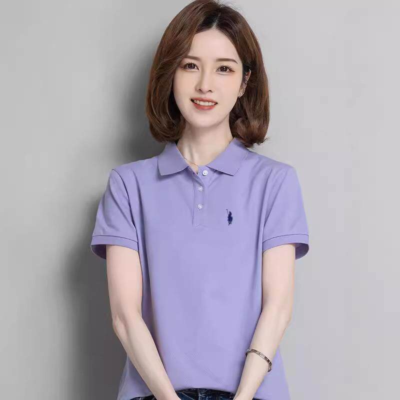 纯棉翻领polo衫女士短袖士t恤宽松带领刺绣有领工作服文化衫小马