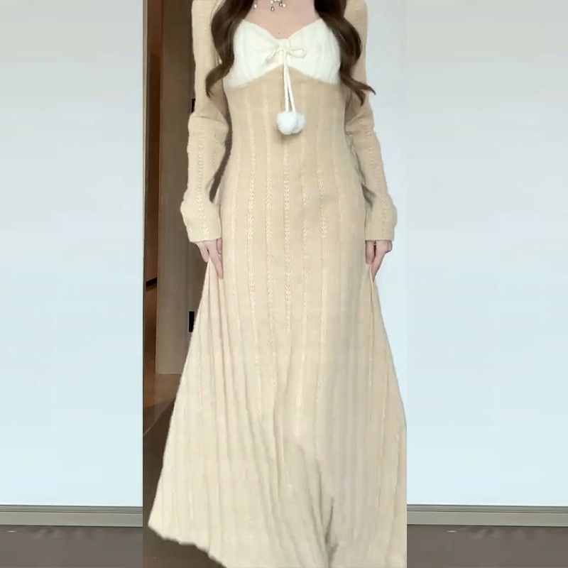 小个子香风针织连衣裙子女秋冬季2023新款高级感打底内搭毛衣长裙