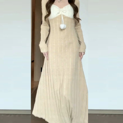 小个子香风针织连衣裙子女秋冬季2023新款高级感打底内搭毛衣长裙