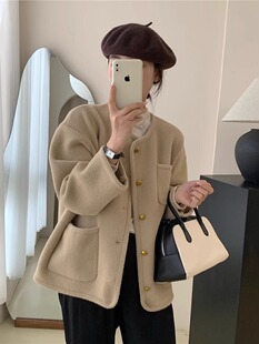 双面尼针织开衫女2023冬季新款法式轻奢小香风小个子短款毛衣外套