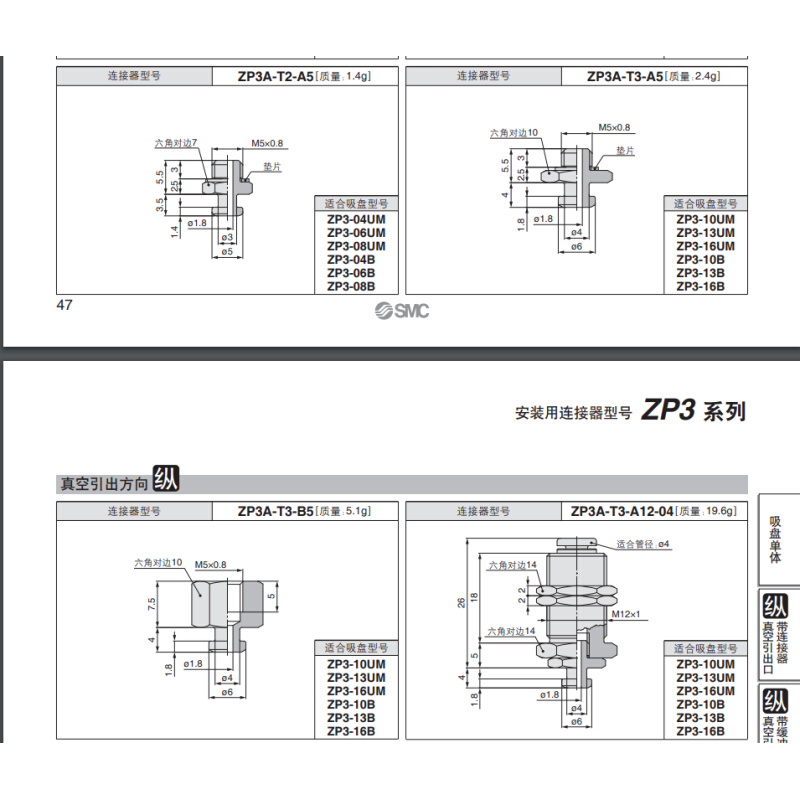 。ZP3真空吸盘支架 ZP3A-T1/T2/T3/Y2/Y3-A3/A5/B5金具连接杆