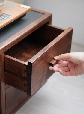 新中式茶边柜乌金石烧水台黑胡桃木炕桌柜榻榻米日式飘窗茶家具