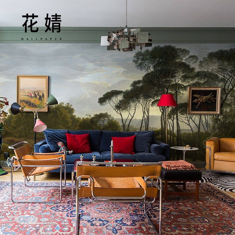 欧式伞松风景画客厅壁纸无缝墙纸卧室别墅墙布电视背景墙定制壁画