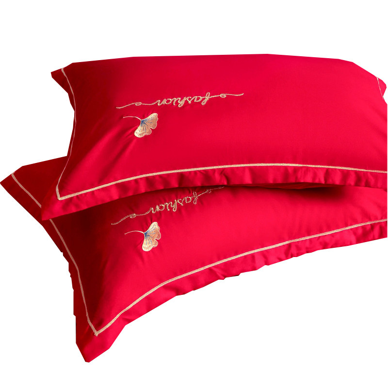 精选新款结婚房喜庆枕套一对装大红色纯色家用单人枕头套刺绣花枕