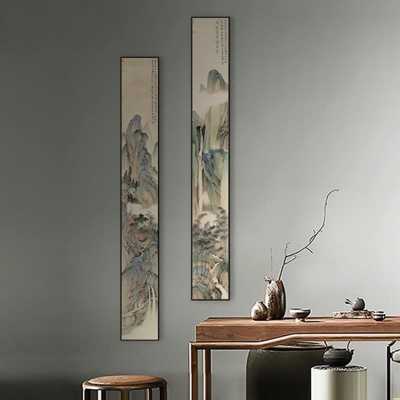 国画山水画竖长条茶室e书房装饰画新中式玄关古画挂画进门走廊壁