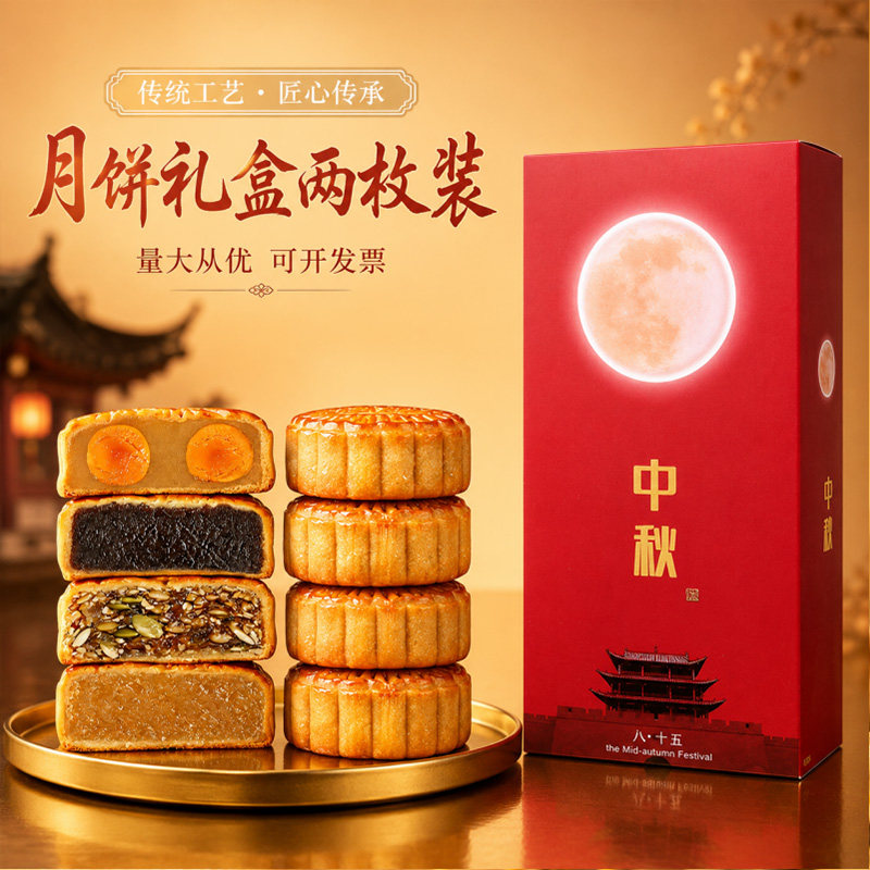 2026中秋节员工月饼礼盒装团购优惠2粒双蛋黄白莲蓉五仁豆沙两个