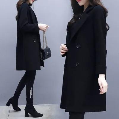 新款春冬季加厚赫本风口袋毛呢大衣女黑色显瘦中长款呢子大衣