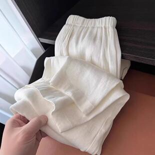 慵懒松弛棉麻阔腿裤女高端白色亚麻裤子女夏季薄款松紧腰休闲长裤