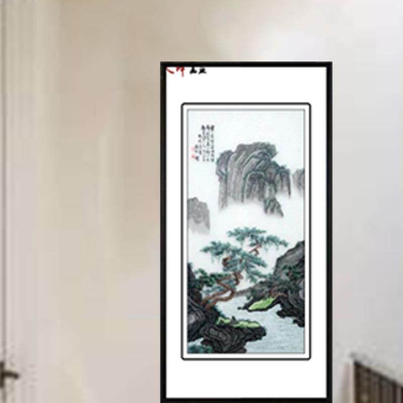 玄关装饰画刺绣苏绣迎客松国画山水中式店铺酒店高档刺绣背景画挂