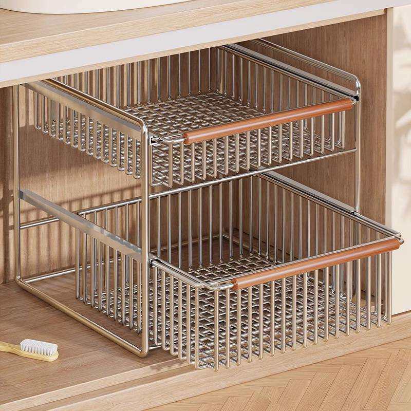 厨房水槽置物架双层可抽拉简约调料收纳洗手间台面多功能整洁神器