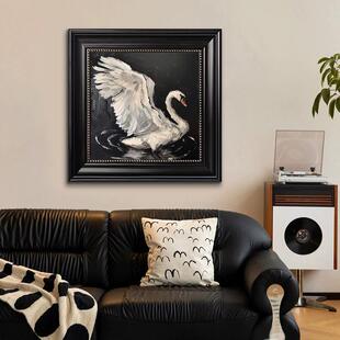 复古玄关轻奢感壁画中古风客厅挂画小众艺术高级感黑白天鹅装饰画