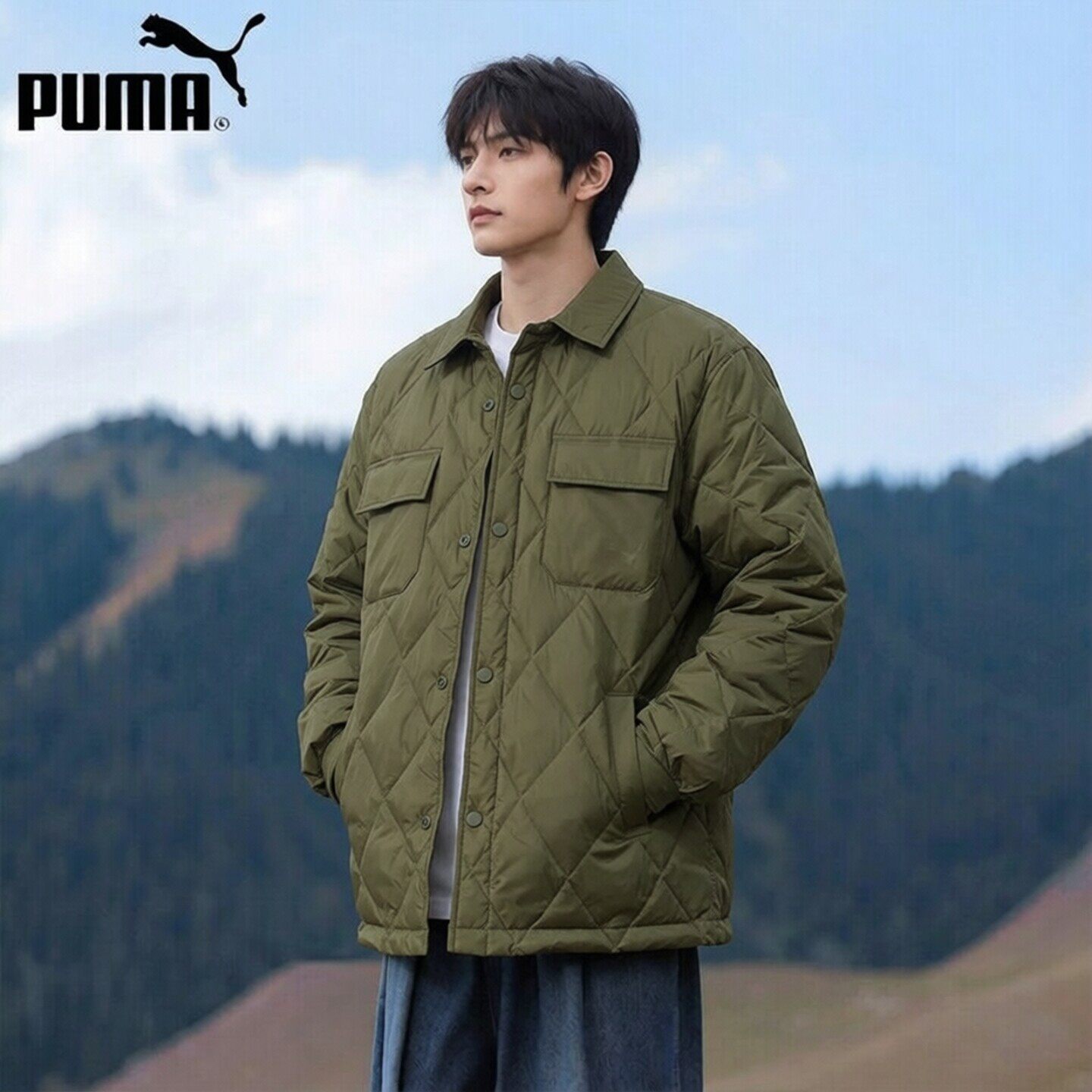PUMA彪马男士羽绒服军绿色大衣保暖棉羽冬季新款男士运动宽松外套