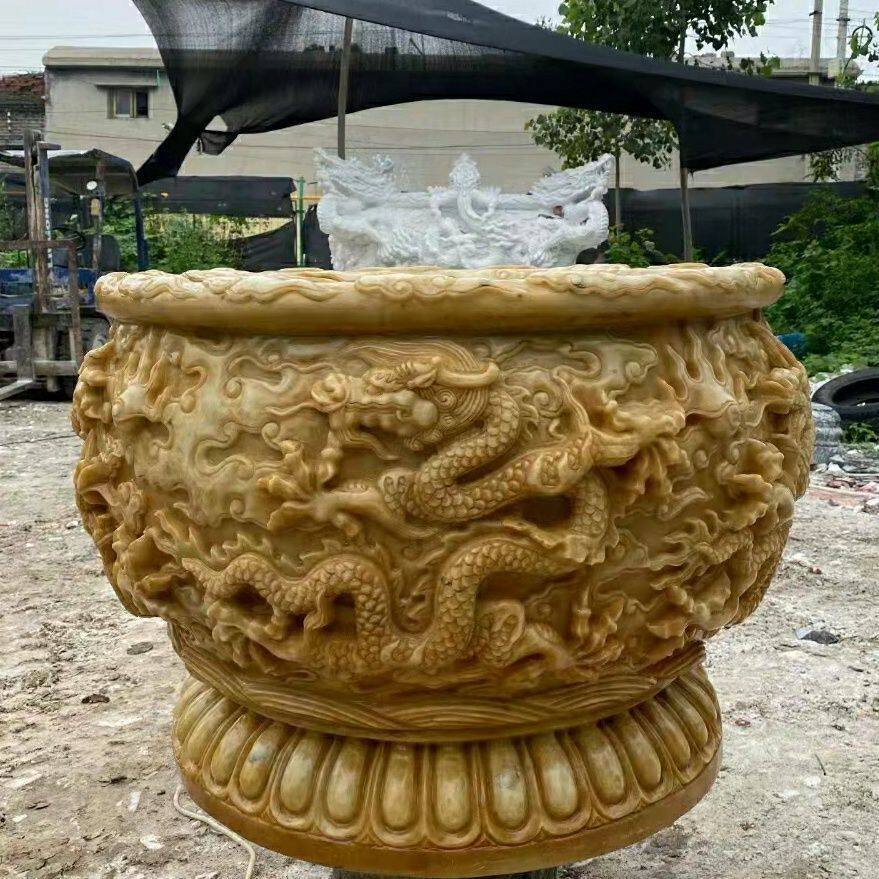 石雕龙缸汉白玉花盆石头九龙壁鱼缸庭院户外聚宝盆荷花圆缸水池