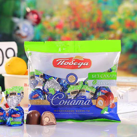 俄罗斯原装进口胜利牌无蔗糖榛仁夹心巧克力糖果纯可可脂零食