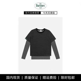 shell韩国小众条纹波点拼接假两件长袖 theBarnnet T恤女 现货