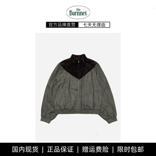 【现货】韩国小众amomento休闲宽松高领拼色双向拉链抽褶短外套女